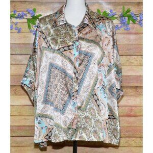 Shein Curve 0XL Satin Color Block Mixed Media Boho Floral Button Up Blouse Top